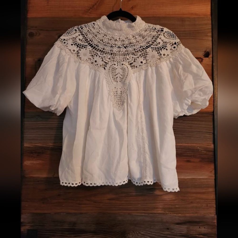 NWT Anthropologie Mock Neck Puff Sleeve Lace Blouse XS MINOR CALL OUT SEE BELOW - Picture 3 of 5